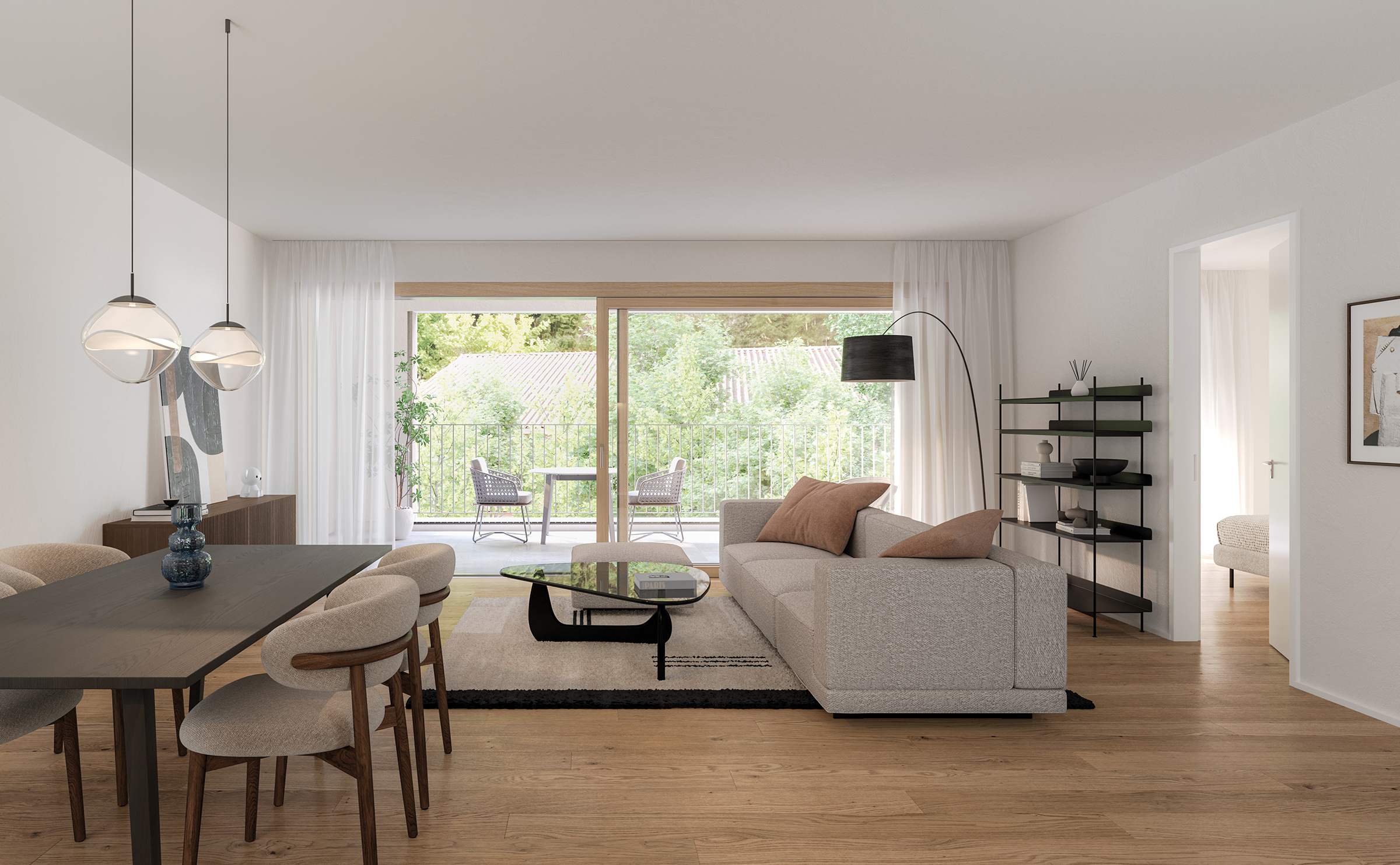 2090_Mels_Innen_WHG A 2_4 Modernes, lichtdurchflutetes Wohnzimmer mit Essbereich, grossen Fensterfronten und Balkon im Nidberg.