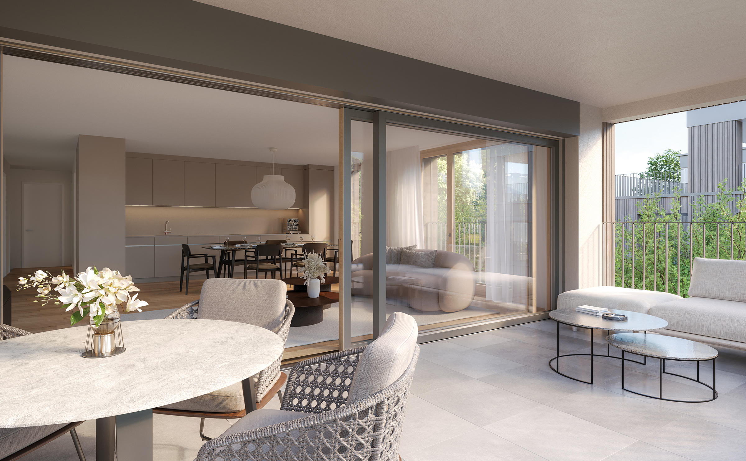 2090_Mels_Innen_WHG B 2_1 Grosszügige, überdachte Terrasse mit Sitz- und Essbereich und direktem Zugang zum modernen Wohnraum im Nidberg.