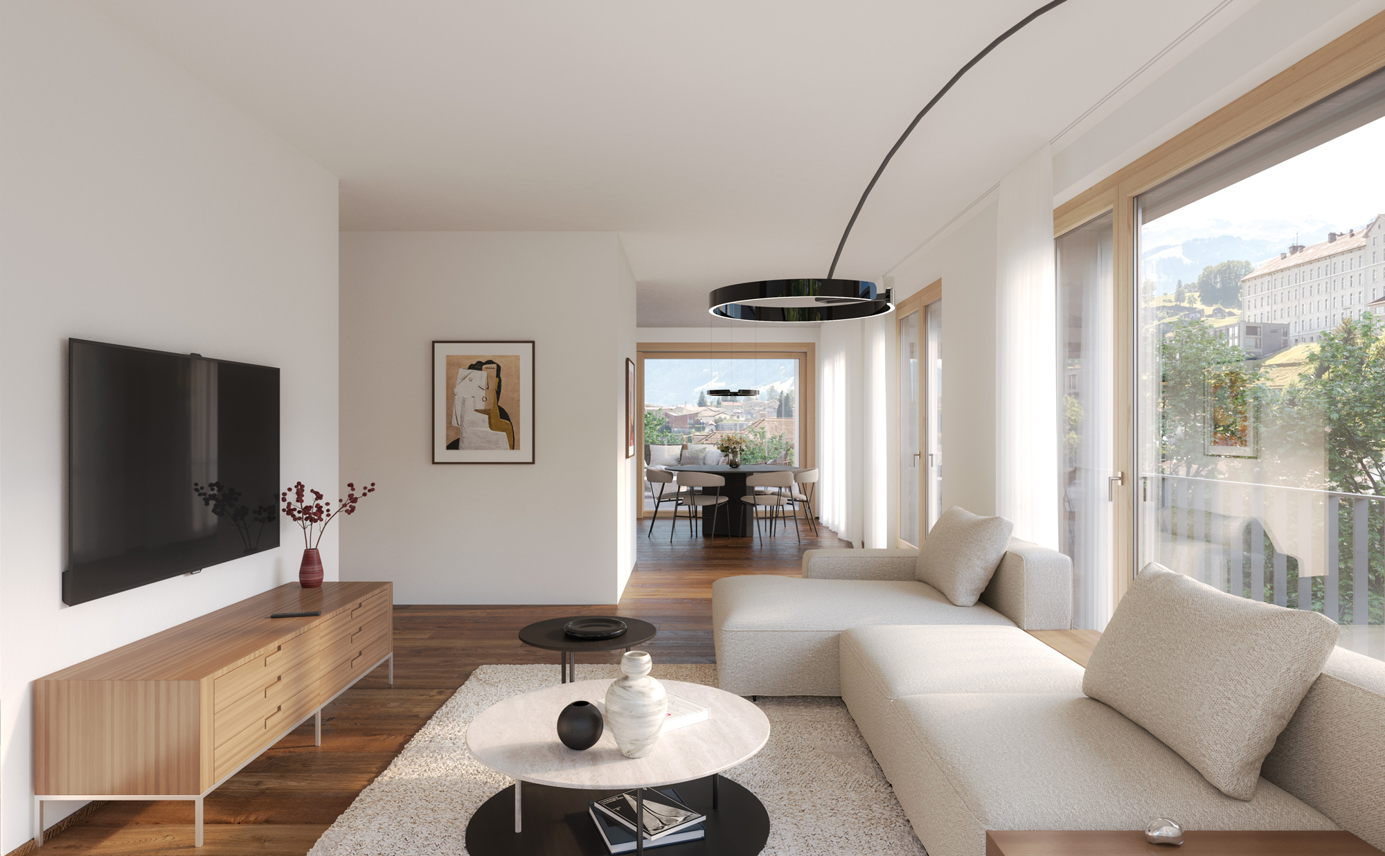 2090_Mels_Innen_WHG_A_3_2 Lichtdurchflutetes Wohnzimmer im Nidberg mit grossen Fensterfronten, modernem Innenausbau und Blick auf die Umgebung von Mels.
