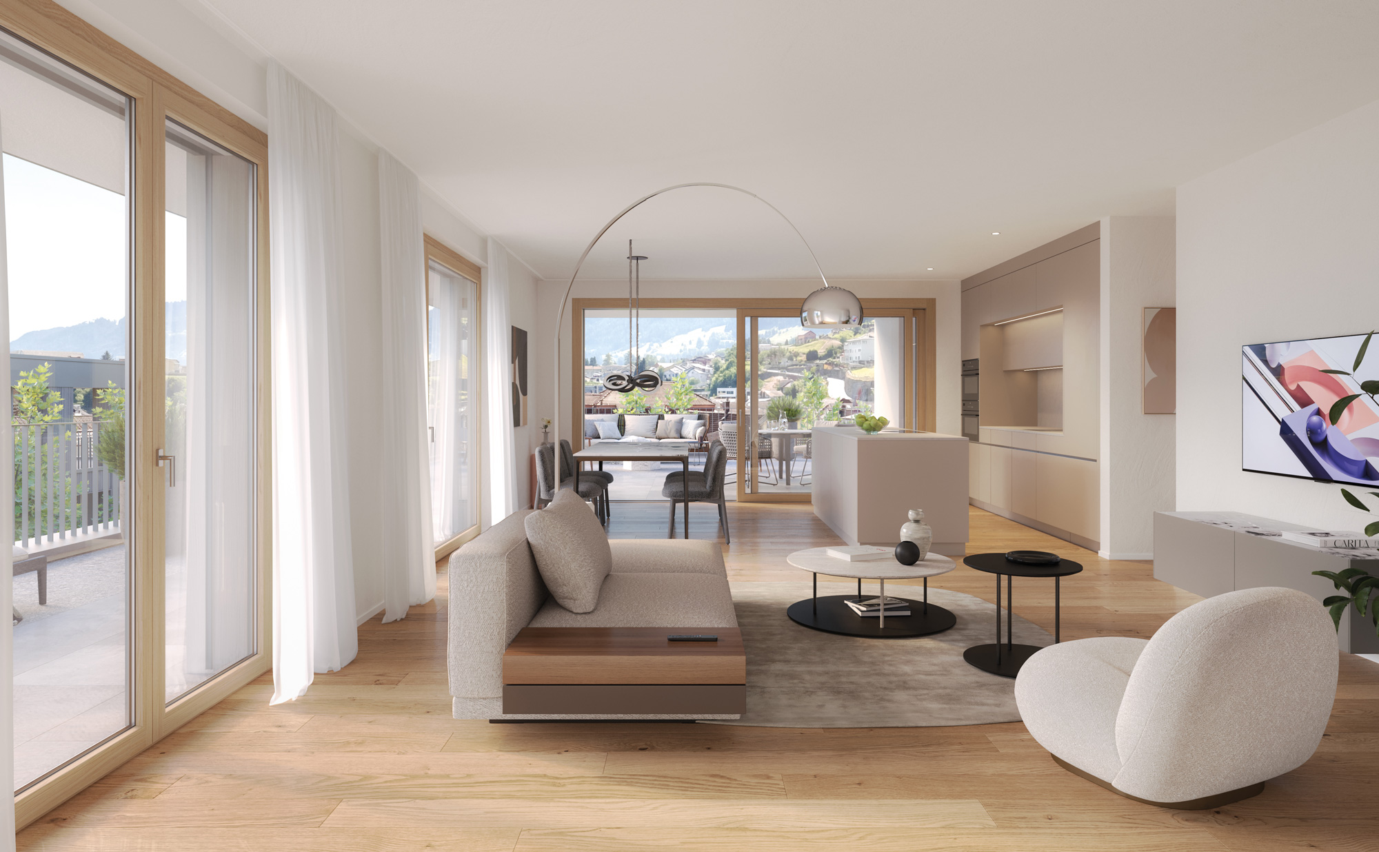 2090_Mels_Innen_WHG_B_3_1 Lichtdurchfluteter Wohn-, Ess- und Küchenbereich im Nidberg mit grossen Fensterfronten, Balkon und Blick auf die Umgebung von Mels.